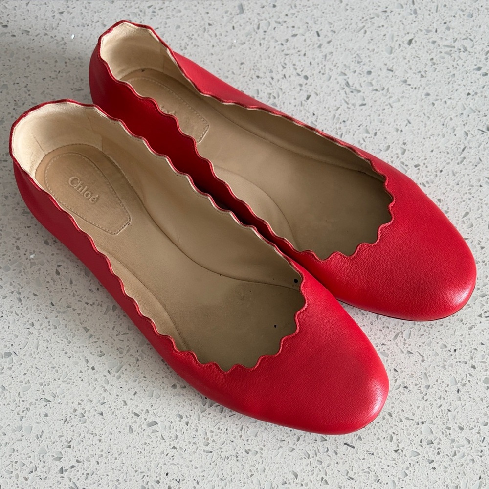 Chloé Red Scalloped Leather Ballet Flats SZ 36 1/2